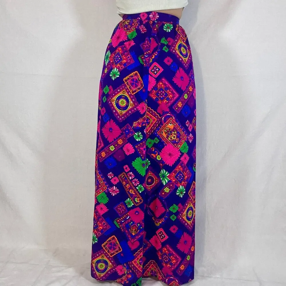 Vintage 1960s Tear Away Skirt Psychedelic Floral Print Purple Pink Green Neon